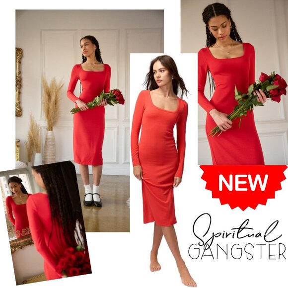ANTHROPOLOGIE Spiritual Gangster Luly Slim Ribbed Knit Red Midi Dress NWT $176 - Picture 2 of 7